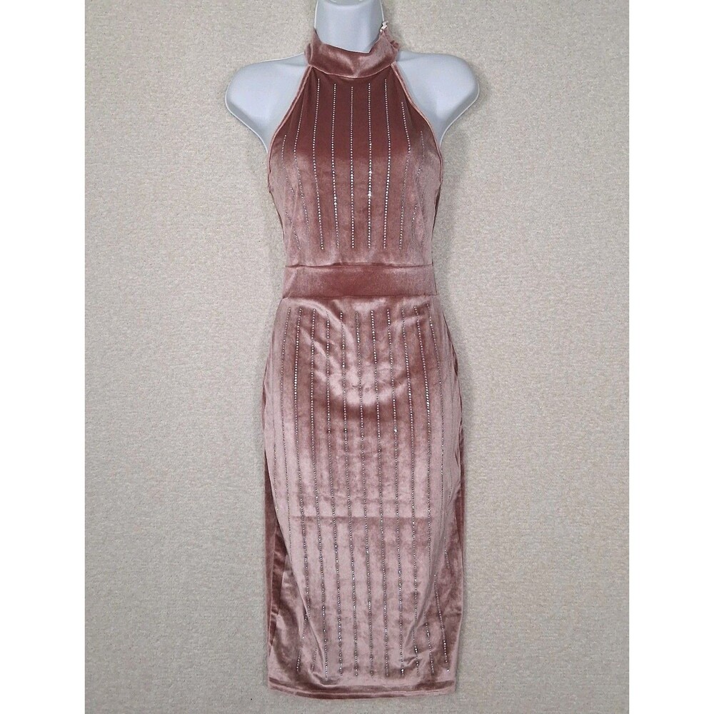 Velvet Rhinestone Haulter Pencil Cocktail Midi Dress Sz S Romantic Soft Glam